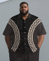 Men's Plus Size Brown Geometric Print Short Sleeve Shirt Trousers Suit